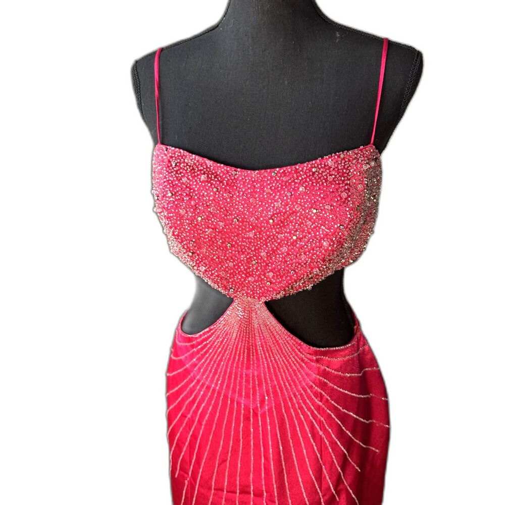 Size 10 y2k Vintage Precious Formals beaded pink dress cutouts (10424)